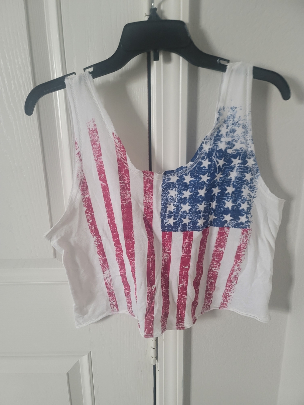 Popular Basics White Tank Top with Red and Blue Flag Print